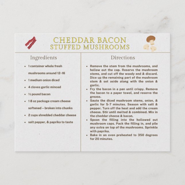 Cheddar Bacon Stuffed Mushrooms Recipe Card Food (Front)
