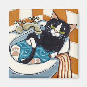Cheeky Cat Bathing in Sink Illustration Magnet