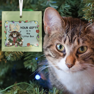 Cheeky Christmas Cat Humour Maine Coon Green Funny Glass Ornament