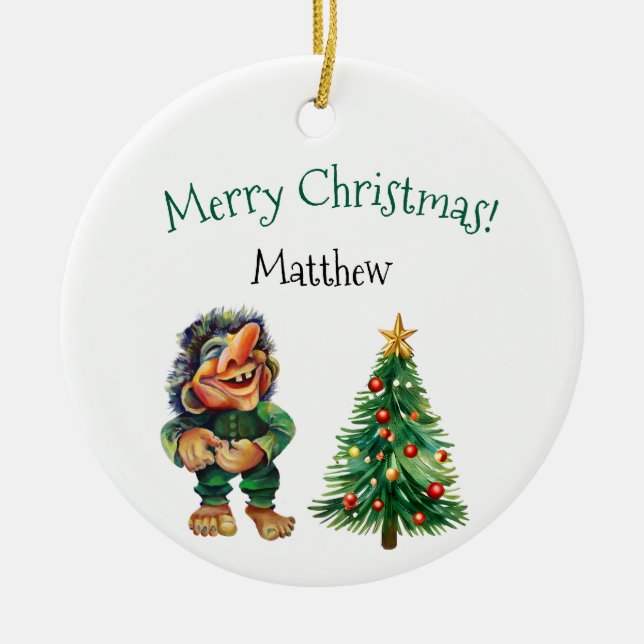 Cheeky Christmas Troll and Tree Delight  Ceramic Ornament (Front)