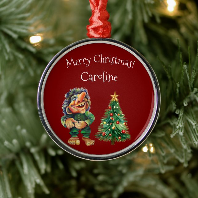 Cheeky Christmas Troll and Tree Delight  Metal Ornament (Tree)