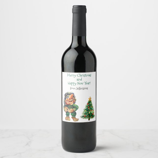 Cheeky Christmas Troll and Tree Delight  Wine Label (Front)