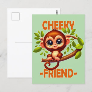 Cheeky Friend pun Cute Baby Monkey on tree cartoon Postcard