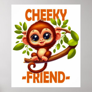 Cheeky Friend pun Cute Baby Monkey on tree cartoon Poster