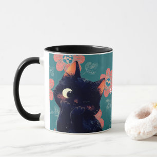 Cheeky Little Black Kitten with Floral Background Mug
