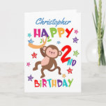 Cheeky Monkey 2nd Birthday Card<br><div class="desc">A special 2nd birthday card! This bright fun second birthday card features a cheeky monkey, some pretty stars and colourful text. A cute design for someone who will be two years old. Add the 2nd birthday child's name to the front of the card to customize it for the special boy...</div>