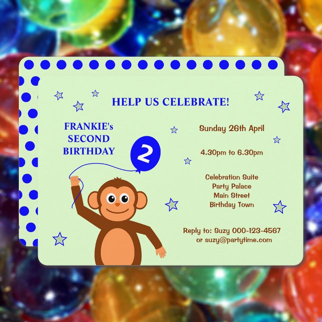 Cheeky monkey second birthday party invitation (Showing rounded corners option)