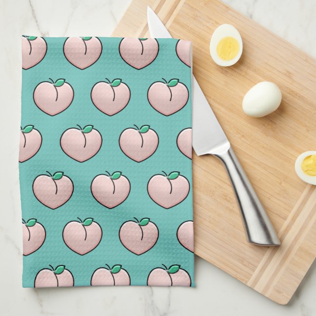 Cheeky Peach Pattern on Teal Kitchen Towel (Quarter Fold)