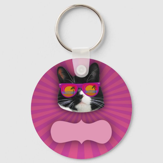 Cheeky Sunglasses Neon Tuxedo Cat Fun Art  Keychain (Front)