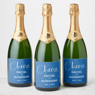 CHEER Blue Glitter Wedding Sparkling Wine Labels