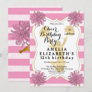 Cheer Cheerleader Pink Gold Girl Birthday Party Invitation