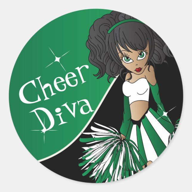 Cheer Diva Girl  📣 Cheerleader in Green Classic Round Sticker (Front)