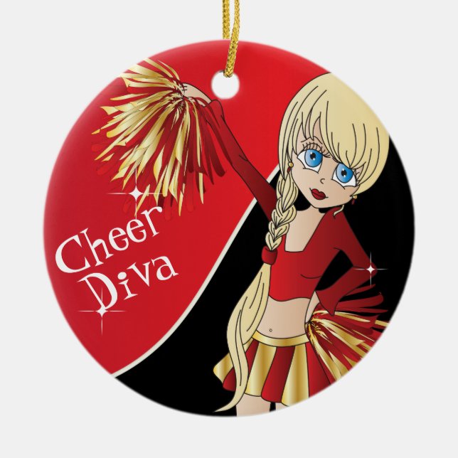 Cheer 📣💖  Diva Red Cheerleader Girl Ceramic Ornament (Front)