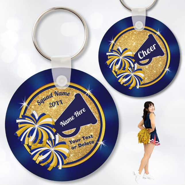 Cheer Gift Ideas Competition or Cheer Favours Keychain (Cheap, Cheerleading Souvenirs. Cheer squad gift ideas or Cheerleading Championship Gifts. Blue Gold.)
