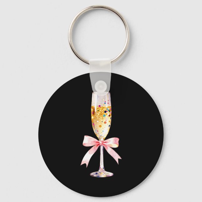 Cheer Happy New Year Coquette Bow Champagne New Ye Keychain (Front)