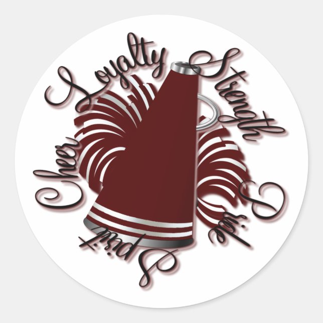 Cheer Maroon and White Qualities Classic Round Sticker (Front)