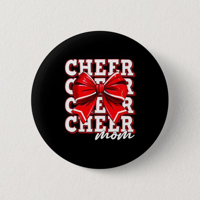Cheer Mom Cheerleader Bow Biggest Fan Red Team  2 Inch Round Button (Front)
