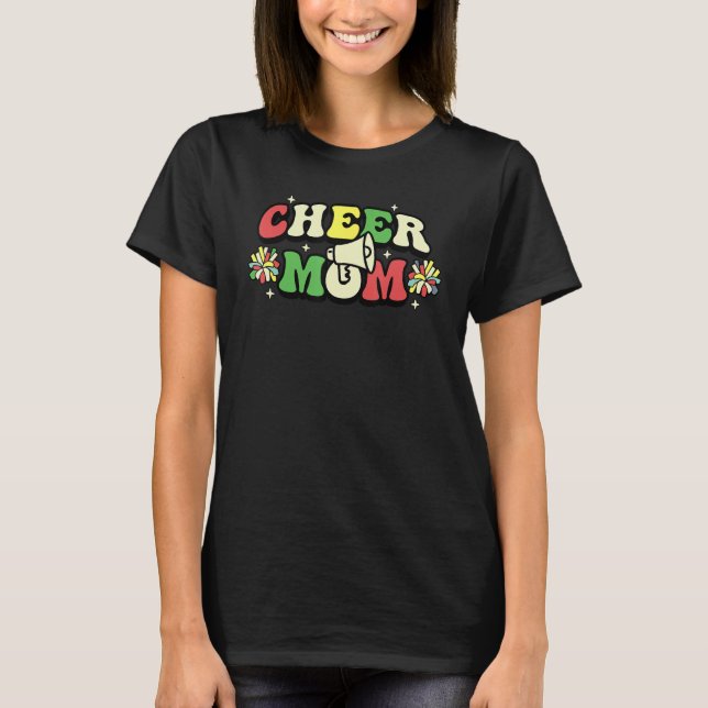 Cheer Mom Leopard Letters Cheer Pom Poms T-Shirt (Front)