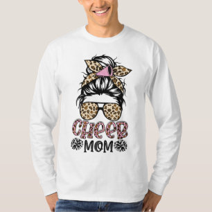 Cheer Mom Leopard Messy Bun Cheerleader Funny Moth T-Shirt
