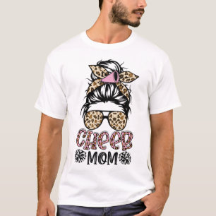 Cheer Mom Leopard Messy Bun Cheerleader Funny Moth T-Shirt