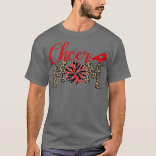 Cheer Mom Leopard Print Black And Red Pom Pom  T-Shirt
