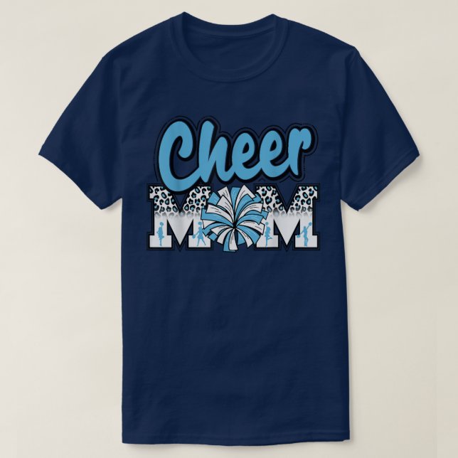 Cheer Mom Light Blue Leopard Letters Cheer Pom Pom T-Shirt (Design Front)