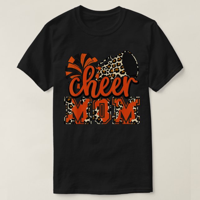 Cheer Mom Orange Leopard Cheer Poms  Megaphone  T-Shirt (Design Front)