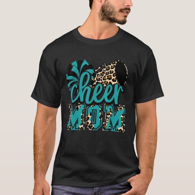 Cheer Mom Teal Leopard Cheer Poms & Megaphone T-Shirt (Front)