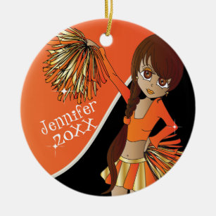 Cheer Orange Cheerleader Girl Ceramic Ornament