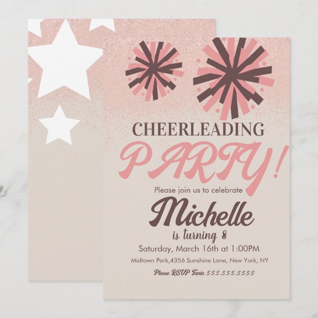 Cheer Party Cheerleading Birthday Pink Stars  Invitation (Front/Back)
