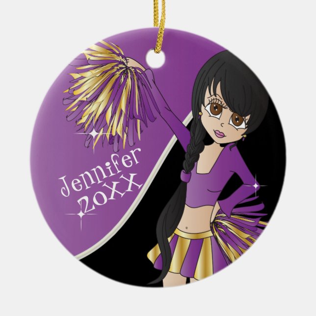 Cheer 📣💖 Purple Cheerleader Girl Ceramic Ornament (Front)