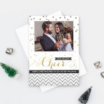 Cheer Silver and Gold Confetti Wedding Photo Holiday Card<br><div class="desc">Festive and stylish holiday cheer card design features your favourite photo framed by confetti and chevron stripes with a sparkle or glitter textured look.  Personalize with your photo and custom text.  Colours: shimmery metallic silver and gold with white and accents of soft black.</div>