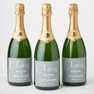 CHEER Silver Glitter Wedding Sparkling Wine Labels