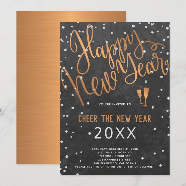 Cheer the New Year Copper Chalkboard Party Invitation (Front/Back)