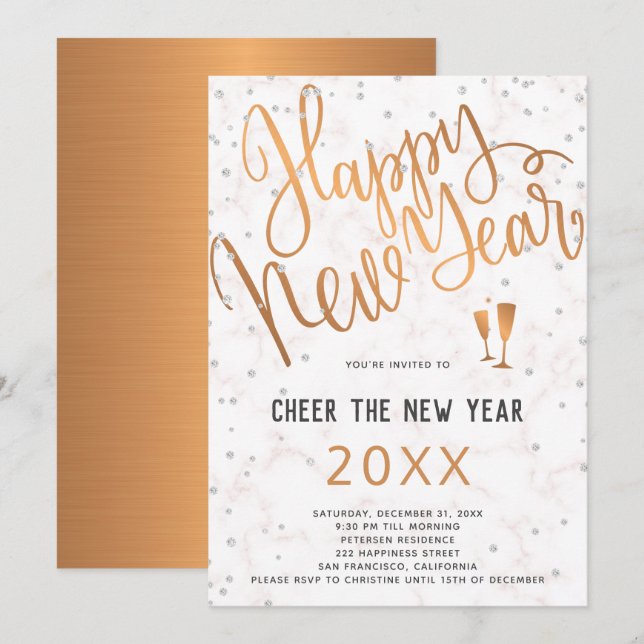 Cheer the New Year Metallic Copper Marble Party Invitation (Front/Back)