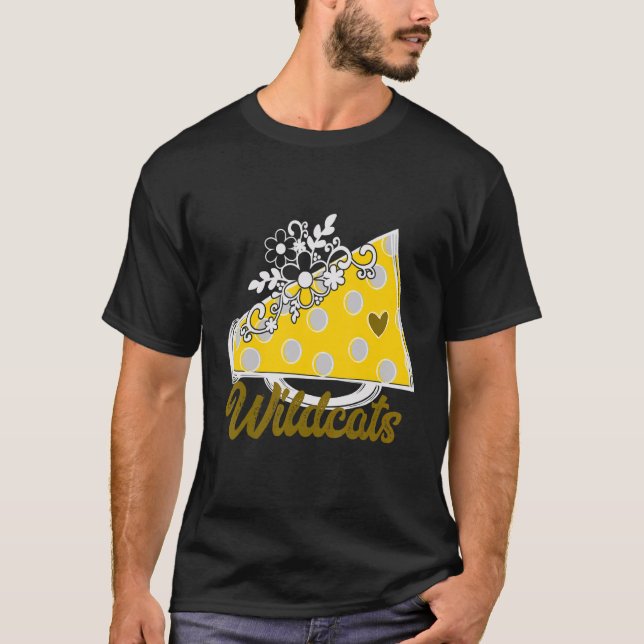 Cheer WILDCATS  YELLOW Megaphone Heart Flower Acce T-Shirt (Front)