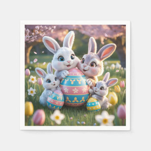 Cheerful 3D Bunny Family with an Easter Egg Napkin