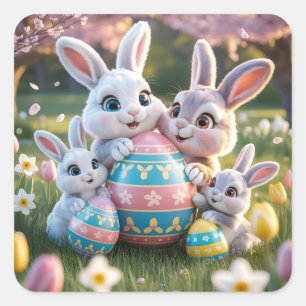Cheerful 3D Bunny Family with an Easter Egg Square Sticker