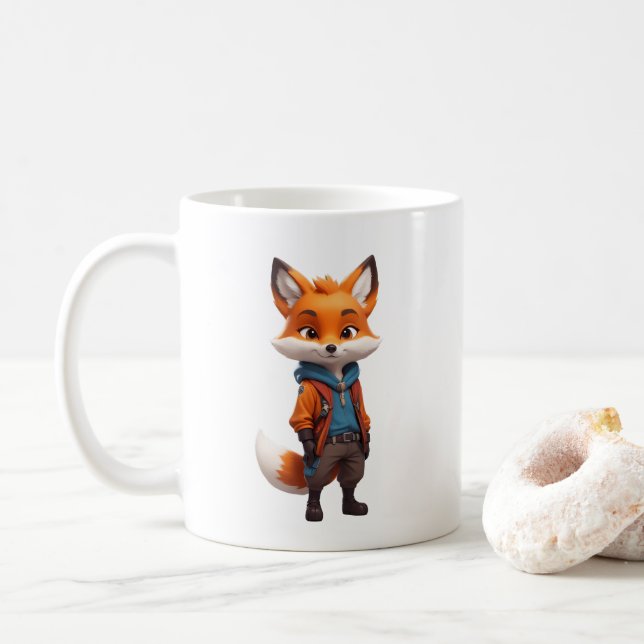 Cheerful and Adventurous Fox Illustration Coffee Mug (With Donut)