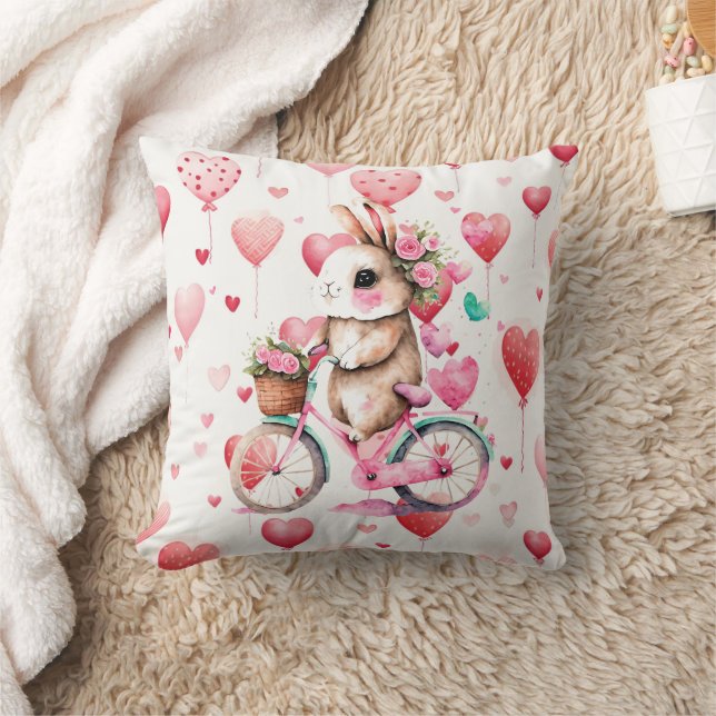Cheerful and Romantic Bunny Rabbit on Bicycle Throw Pillow (Blanket)