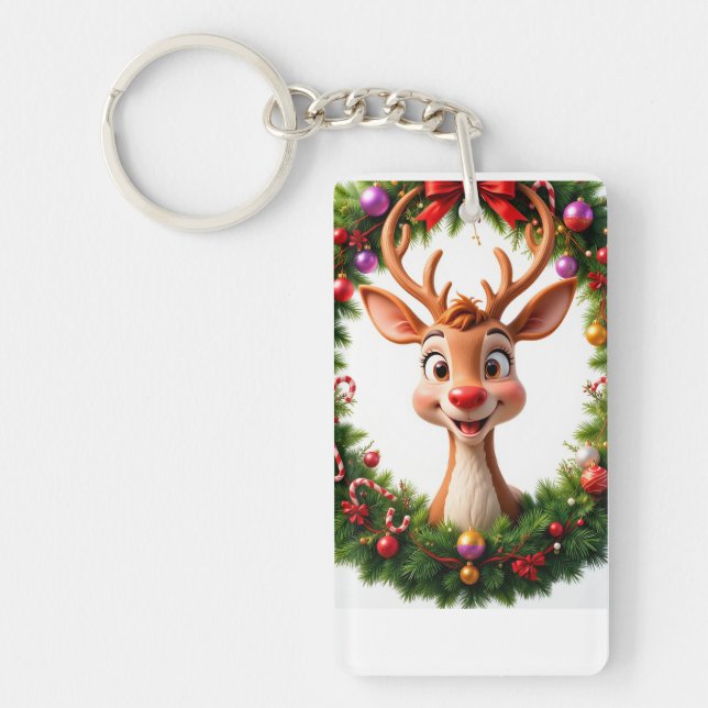 Cheerful Animated Reindeer Keychain (Front)