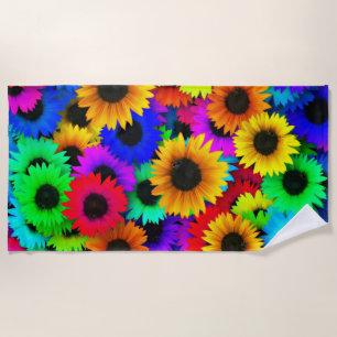 Cheerful Array of Colourful Sunflowers Beach Towel
