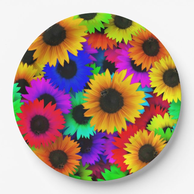 Cheerful Array of Colourful Sunflowers Paper Plate (Front)