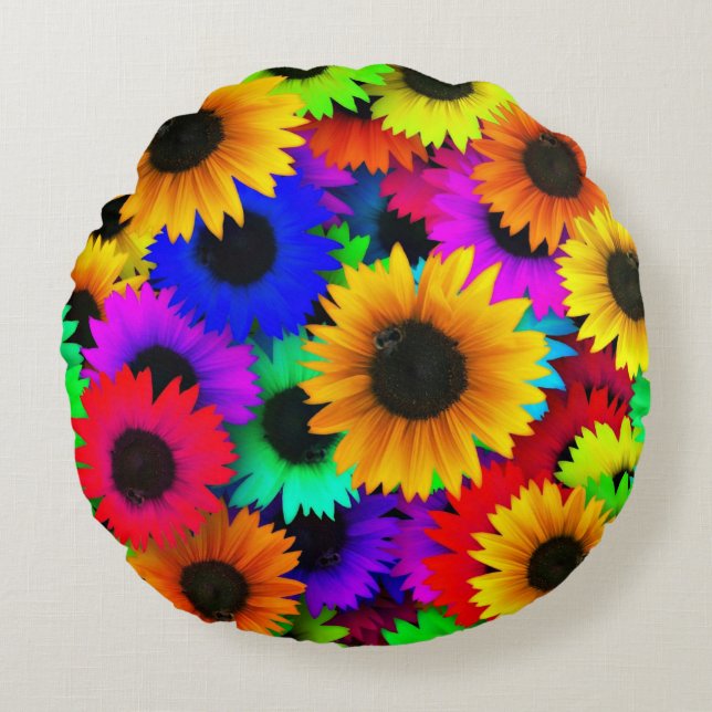 Cheerful Array of Colourful Sunflowers Round Pillow (Front)