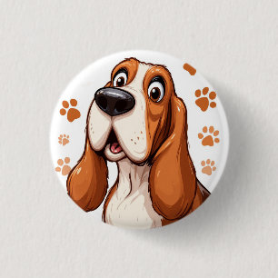 Cheerful Basset Dog with Orange Pawprints 1 Inch Round Button