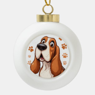 Cheerful Basset Dog with Orange Pawprints Ceramic Ball Christmas Ornament