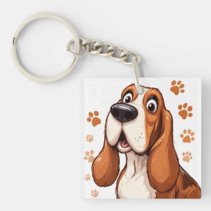 Cheerful Basset Dog with Orange Pawprints Keychain