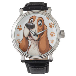 Cheerful Basset Dog with Orange Pawprints Watch