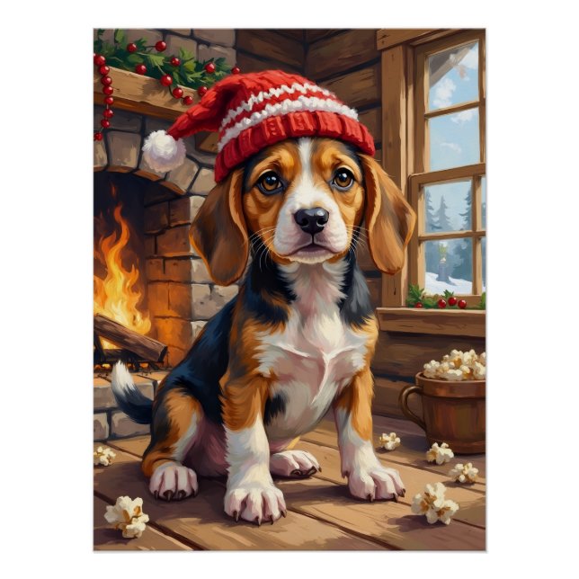Cheerful Beagle Puppy in Stocking Cap Cozy Poster (Front)