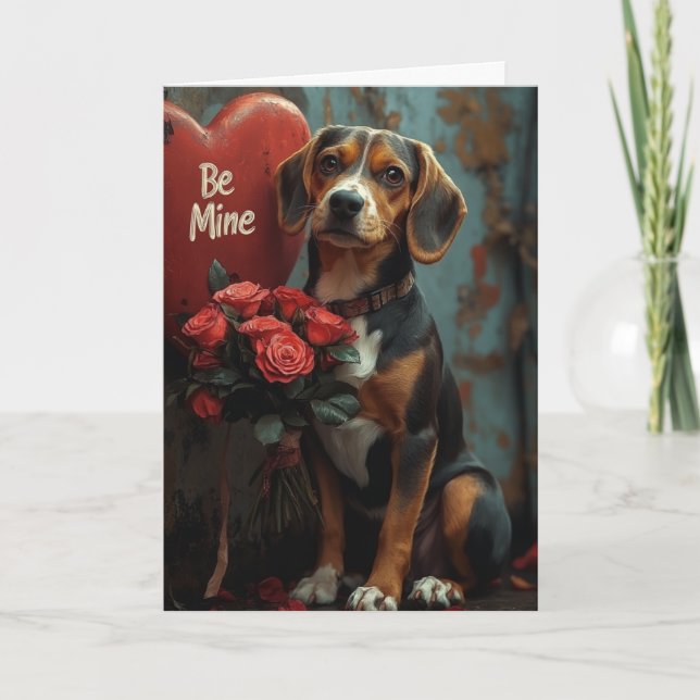 Cheerful Beagle Valentine’s Day with Roses Hearts Card (Front)
